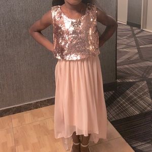 Girls blush/rose gold sequin high-low party dress.